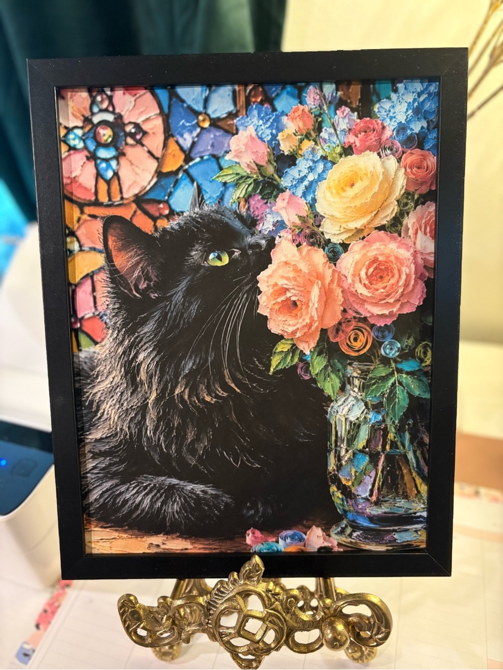 Framed Black Cat 8x10 Art Print with Colorful Floral Vase